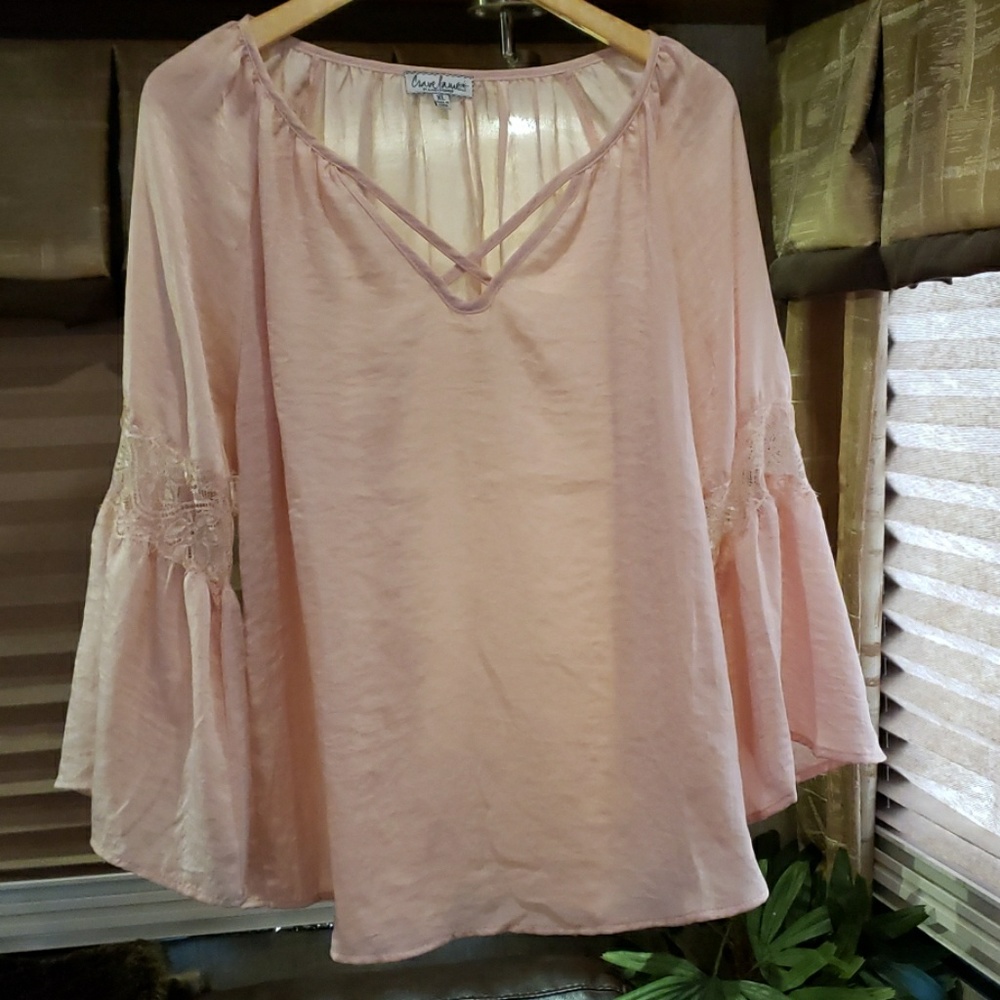 💕Thin Pink Tunic Blouse Bells Sleeves Loose Fit